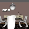 Modern Dining Table Set With White Chairs Tablecloth And Pendant Light In Wooden Floor Room
