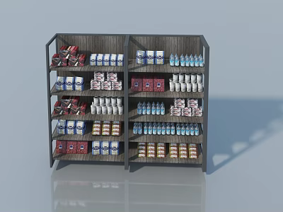 Retail Store Display Shelves with Multiple Layers Holding Organized Bottles and Boxed Products 3d model