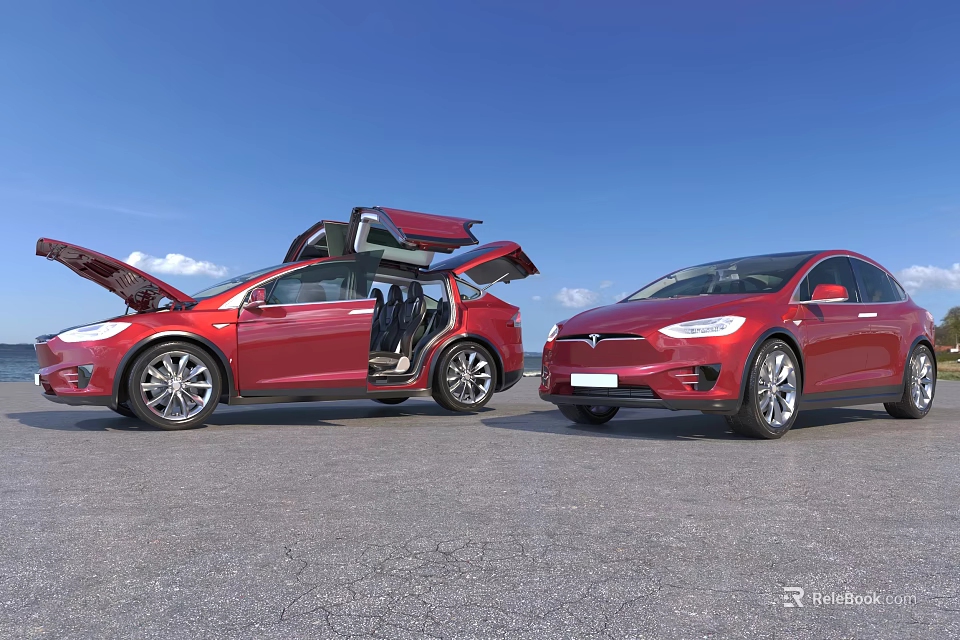Red Tesla Model X Cars With Open Falcon Wing Doors On Asphalt 3d model 