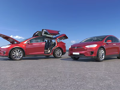 Red Tesla Model X Cars With Open Falcon Wing Doors On Asphalt 3d model