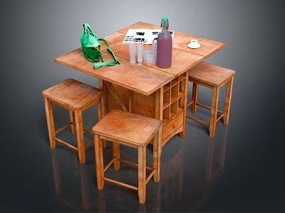 Wooden Table And Stools Set With Green Bag Clear Cups And Purple Water Bottle 3d model
