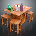 Wooden Table And Stools Set With Green Bag Clear Cups And Purple Water Bottle