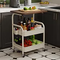 Kitchen Interior With Wooden Top Cart Vegetables Condiment Bottles Green Tiles And Black Cabinets