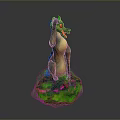 Standing Cartoon Wolf Creature With Green Yellow Body Red Ears Tail On Colorful Rock Base