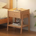 Modern Natural Wooden Nightstand With Lamp Glass Phone Books And Decorative Items