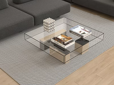 Modern Glass Coffee Table With Stacked Books And Decorative Cube In Living Room 3d model