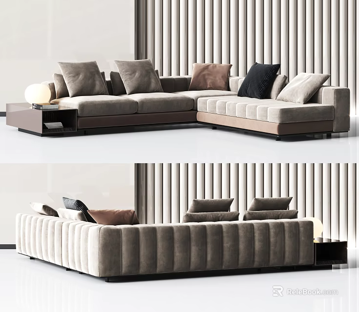 Modern Beige Sectional Sofa With Multiple Decorative Cushions And Side Table 3d model