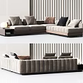 Modern Beige Sectional Sofa With Multiple Decorative Cushions And Side Table 3d model