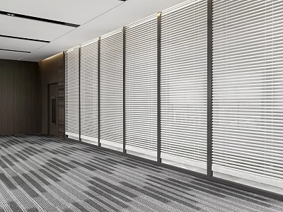Modern Office Space Featuring Venetian Blind Partitions Gray Striped Carpet And Dark Wooden Walls 3d model