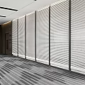 Modern Office Space Featuring Venetian Blind Partitions Gray Striped Carpet And Dark Wooden Walls