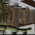 Chinese Style Restaurant Interior With Wooden Ceiling Red Pendant Lights And Beige Sofas