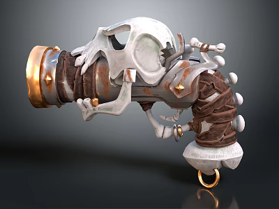 Skull Decorated Medieval Style Weapon With Leather Wrapping Metal Parts Gold Accents And Bone Elements 3d model