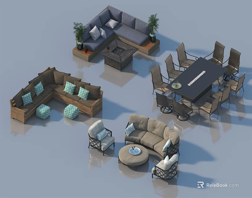 Outdoor Sofa Set With Comfortable Cushions And Patio Dining Table Chairs 3d model