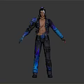 Cyberpunk Themed Male Character With Biomechanical Arm Decorations And Blue Purple Jacket Pants