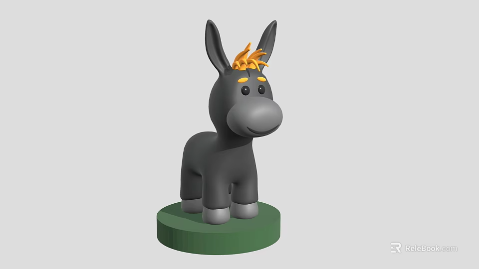 Decorative Small Gray Donkey Figurine With Orange Mane On Green Base 3d model 