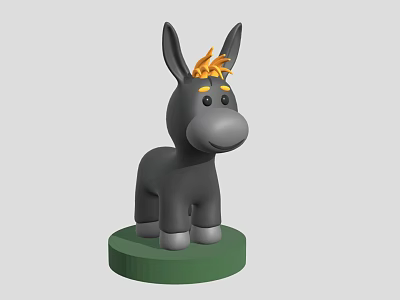 Decorative Small Gray Donkey Figurine With Orange Mane On Green Base 3d model