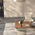 Contemporary Work Desk With Wooden Top Laptop Papers Lamp And Comfortable Chair On Rug