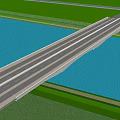 Modern Landscape Bridge With Multi Lane Design Crossing River Green Vegetation And Distant Cityscape