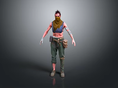 Warrior Character With Red Hair Yellow Scarf Blue Vest Arm Tattoos Green Pants 3d model