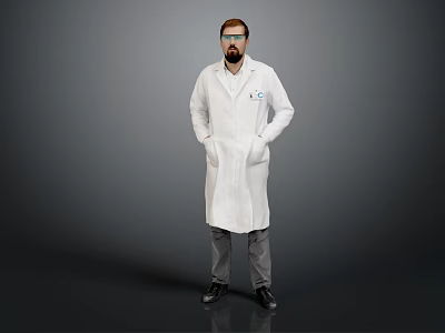 Bearded Man Wearing White Lab Coat With Hands in Pockets Standing Against Gray Background 3d model