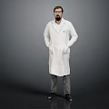 Bearded Man Wearing White Lab Coat With Hands in Pockets Standing Against Gray Background 3d model