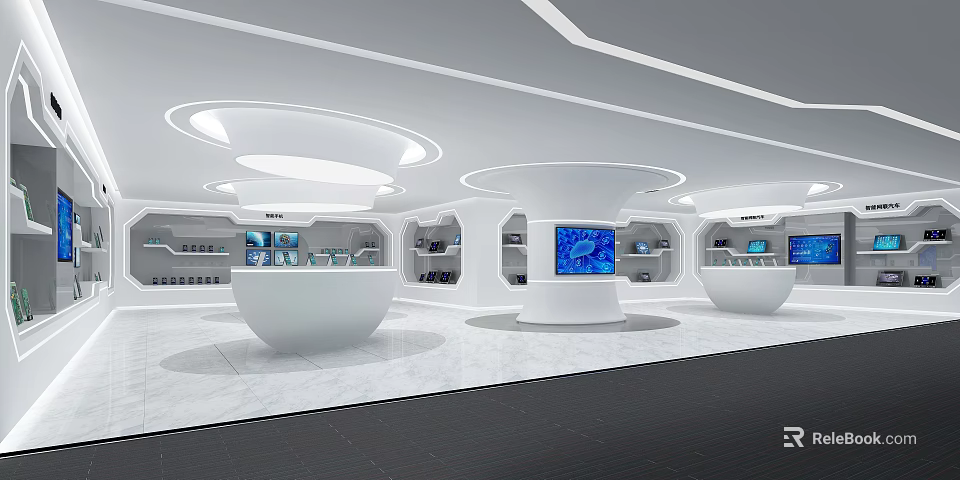Modern Exhibition Hall Interior With White Curved Podiums And Blue Display Screens 3d model 