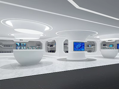 Modern Exhibition Hall Interior With White Curved Podiums And Blue Display Screens 3d model