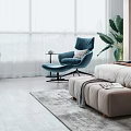 Elegant Modern Bedroom Interior With Chandelier Bed Blue Chair Rug And Wooden Floor