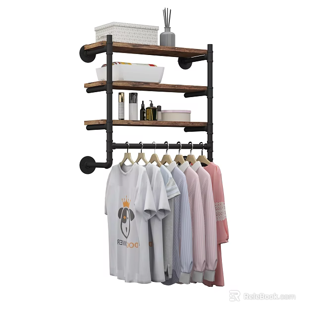 Clothing Rack with Wooden Shelves and Metal Frame for Hanging Colorful Clothes and Storage Items 3d model 