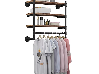 Clothing Rack with Wooden Shelves and Metal Frame for Hanging Colorful Clothes and Storage Items 3d model