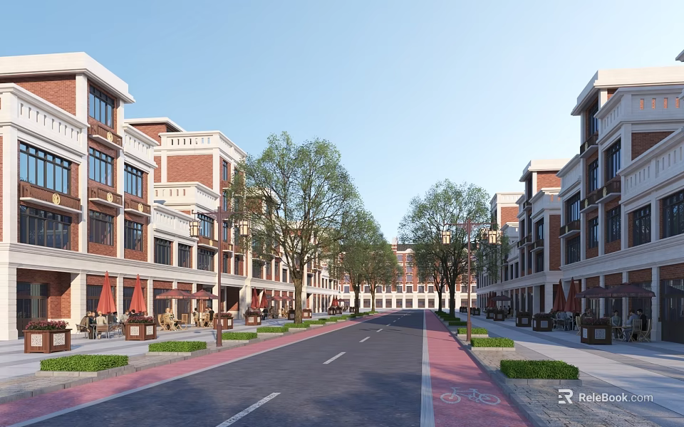 Scenic Commercial Street With Red Brick Buildings Trees And Outdoor Seating Areas 3d model 