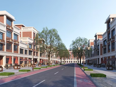 Scenic Commercial Street With Red Brick Buildings Trees And Outdoor Seating Areas 3d model