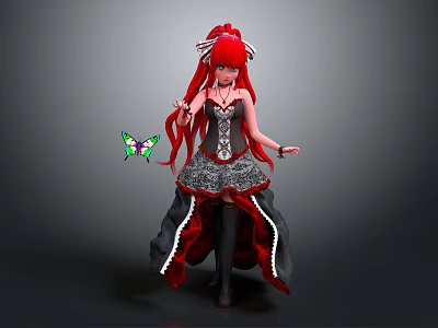 Anime Style Character With Red Long Hair Black Red Dress Silver Decorations And Colorful Butterfly 3d model