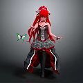 Anime Style Character With Red Long Hair Black Red Dress Silver Decorations And Colorful Butterfly