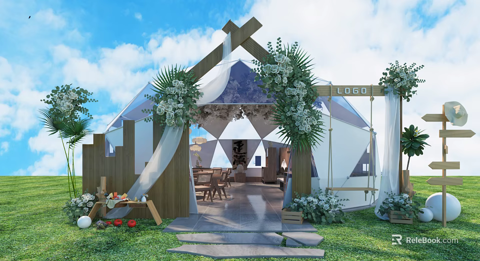 Outdoor Restaurant With Tent Structure Wooden Entrance White Flowers And Green Plants 3d model 