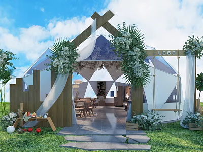 Outdoor Restaurant With Tent Structure Wooden Entrance White Flowers And Green Plants 3d model