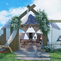 Outdoor Restaurant With Tent Structure Wooden Entrance White Flowers And Green Plants