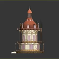 Fairy Tale Tower Building With Red Pointed Roof Multi Floor Balconies Pink Door White Steps