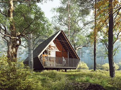 Serene Forest Detached Villa With Triangular Roof Wooden Terrace And Lush Natural Surroundings 3d model