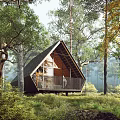 Serene Forest Detached Villa With Triangular Roof Wooden Terrace And Lush Natural Surroundings