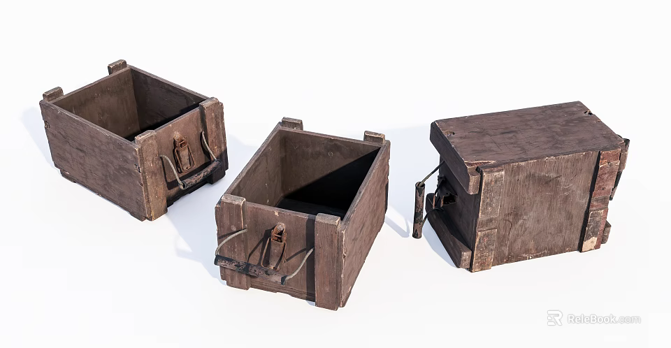 Set Of Three Vintage Wooden Boxes With Metal Clasps And Rustic Design 3d model 