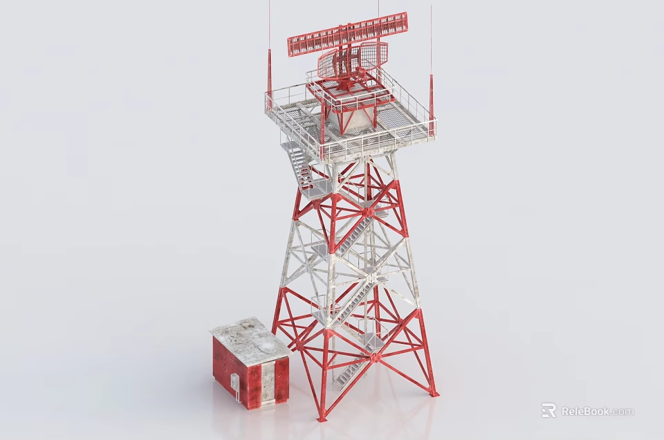 Industrial Communication Tower Equipment With Metal Frame Platform Ladder And Red Cabinet 3d model 