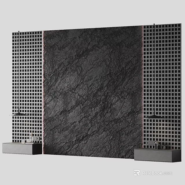 Contemporary Bed Background Wall Design With Textured Surface And Grid Side Panels 3d model 