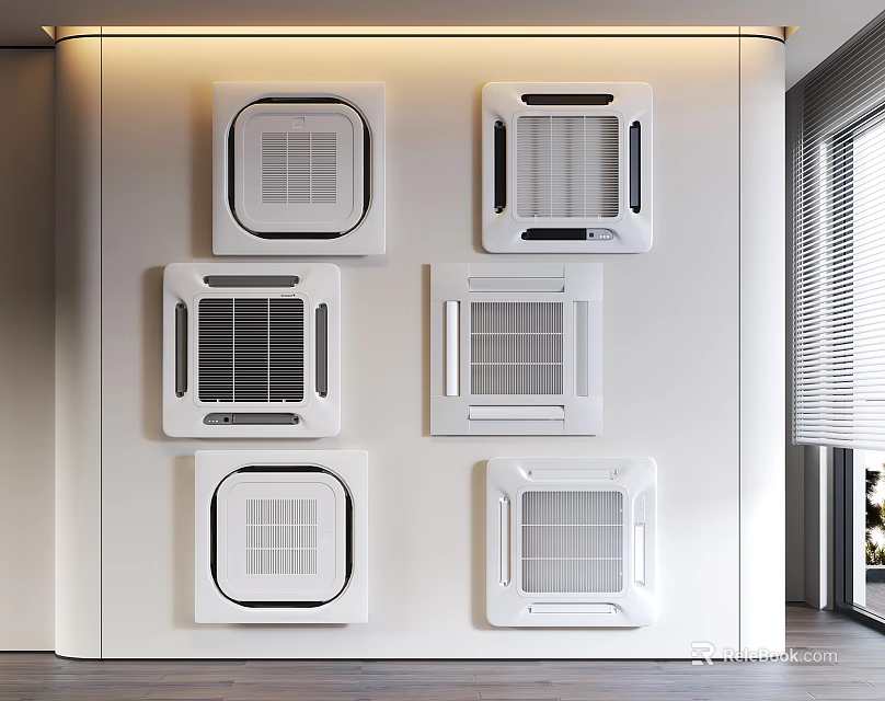 Stylish Modern Air Conditioner Vents With Various Designs On White Wall 3d model 