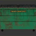 Green Dumpster With Blue Red Striped Top And Asbestos Warning Label