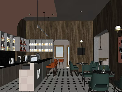 Stylish Café Interior Design With Wooden Wall Bar Counter Green Chairs And Hanging Lights 3d model
