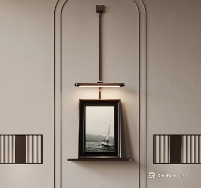 Framed Picture Illuminated By Wall Light On Minimalist Wall With Decorative Panels 3d model 