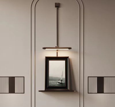 Framed Picture Illuminated By Wall Light On Minimalist Wall With Decorative Panels 3d model
