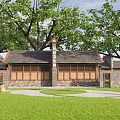 Traditional Building With Tile Roof Wooden Windows And Surrounding Trees On Green Lawn
