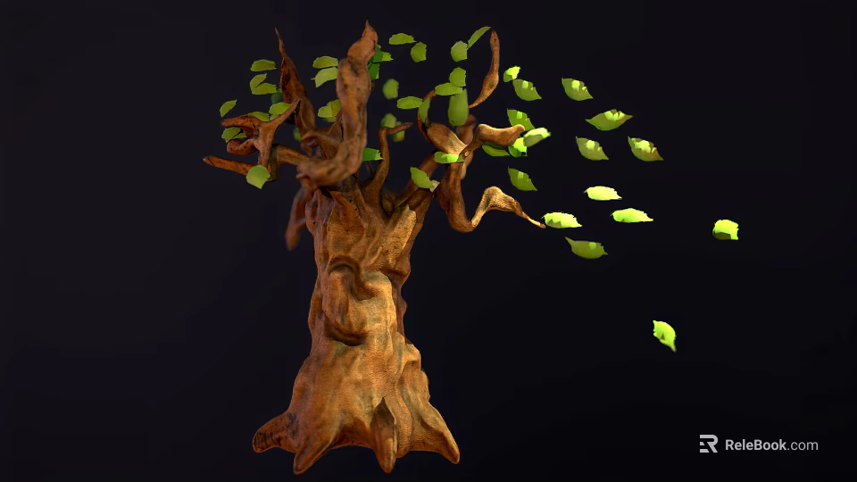 Cartoon Scene Featuring a Brown Trunk Tree With Green Leaves Falling Down 3d model 